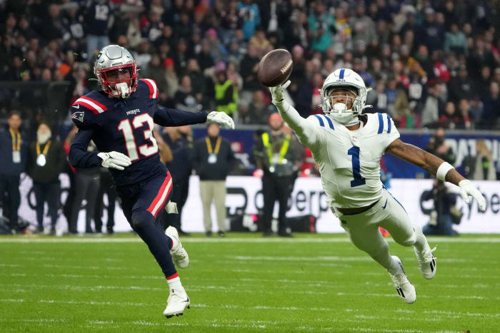 Nov 12, 2023; Frankfurt, Germany; Indianapolis Colts wide receiver Josh Downs (1) attempts to catch the ball against New England Patriots cornerback Jack Jones (13) in the first half during an NFL International Series game at Deutsche Bank Park.